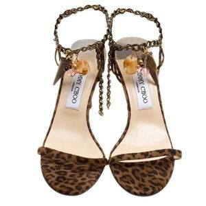 Jimmy Choo Brown Leopard Print Suede Edin Charm Embellished Sandals Size 37.5